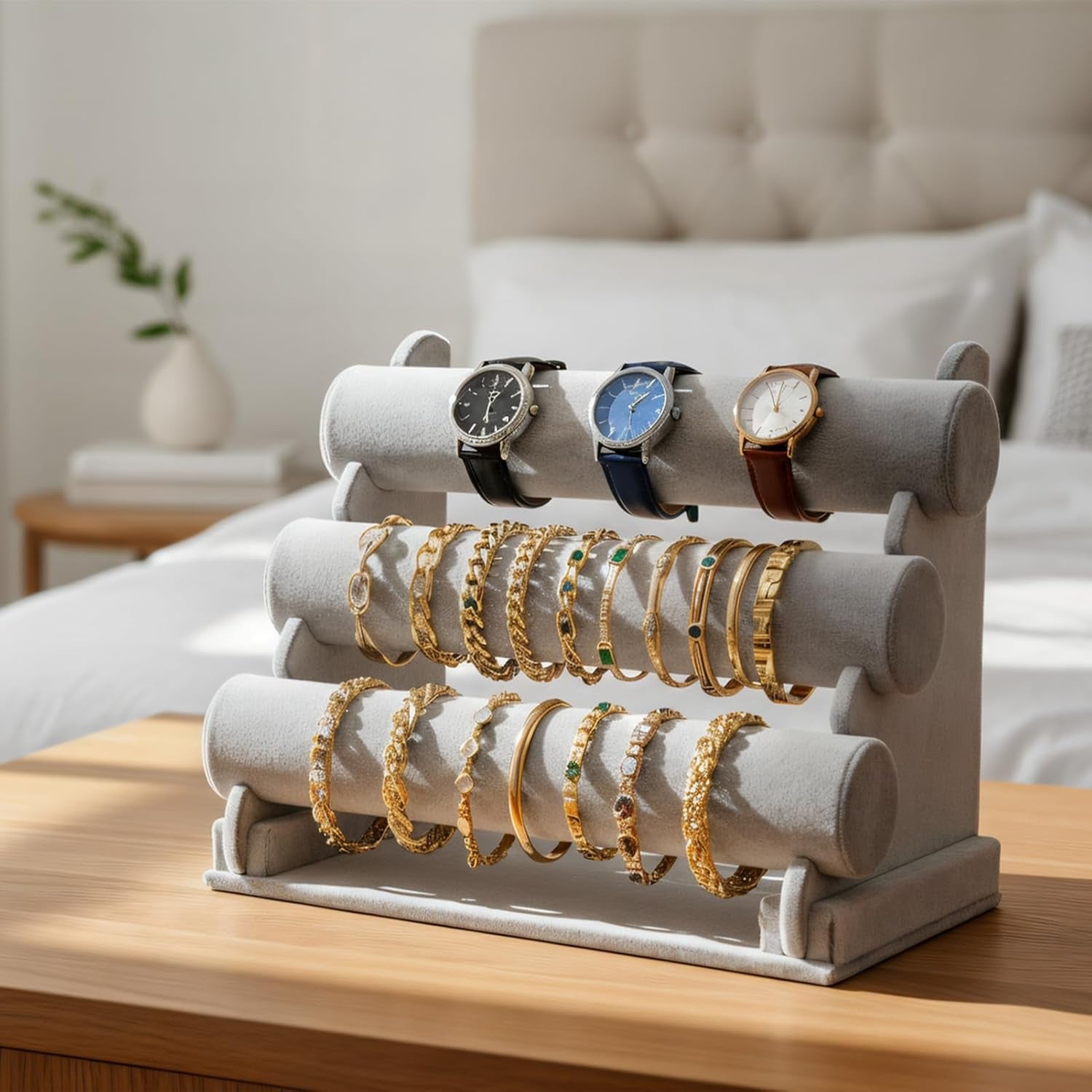 Triple Bracelet Holder Velvet Jewelry Display Stand Watch Bangle Bar Necklace Storage Organizer Gray (Ice Velvet 3 Tier)