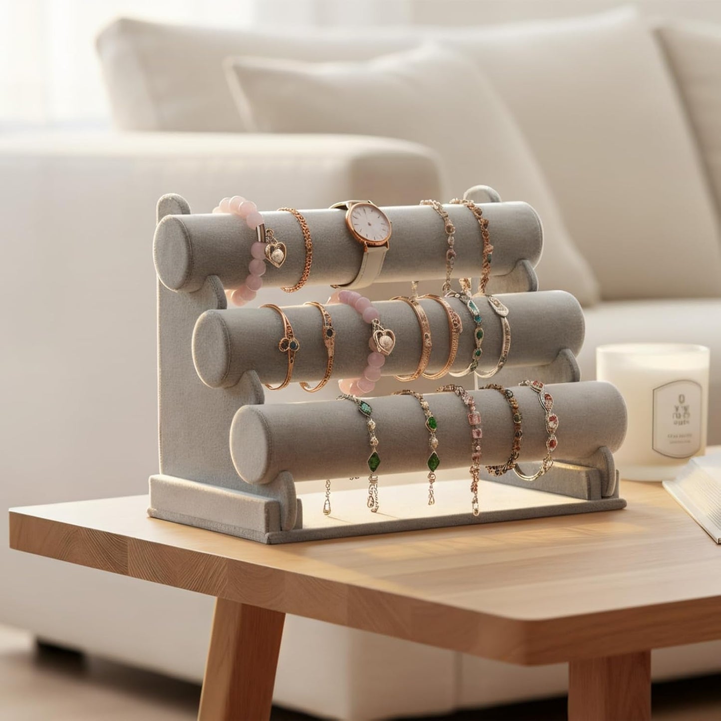 Triple Bracelet Holder Velvet Jewelry Display Stand Watch Bangle Bar Necklace Storage Organizer Gray (Ice Velvet 3 Tier)