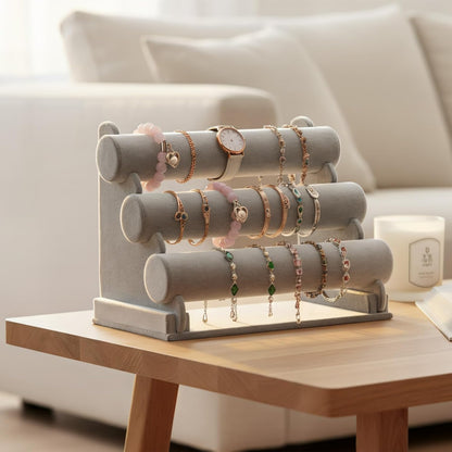 Triple Bracelet Holder Velvet Jewelry Display Stand Watch Bangle Bar Necklace Storage Organizer Gray (Ice Velvet 3 Tier)