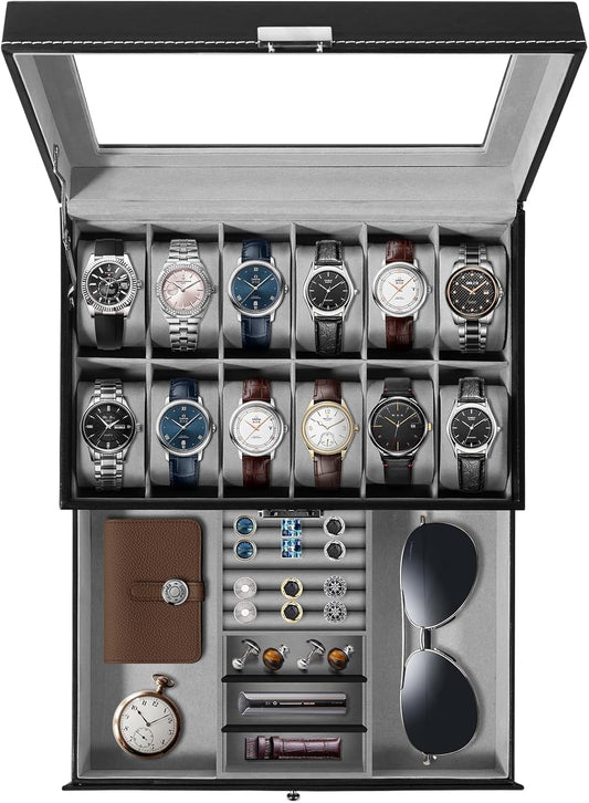 Watch Box, 12 Slots PU Leather Watch Display Case with Jewelry Drawer, Removable Watch Pillow, Metal Clasp, Watch Box Organizer