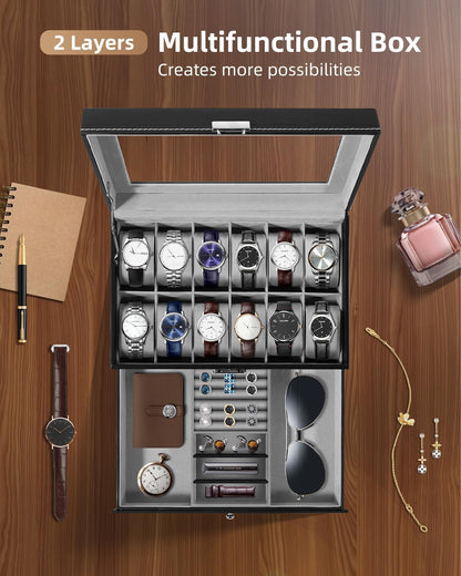Watch Box, 12 Slots PU Leather Watch Display Case with Jewelry Drawer, Removable Watch Pillow, Metal Clasp, Watch Box Organizer